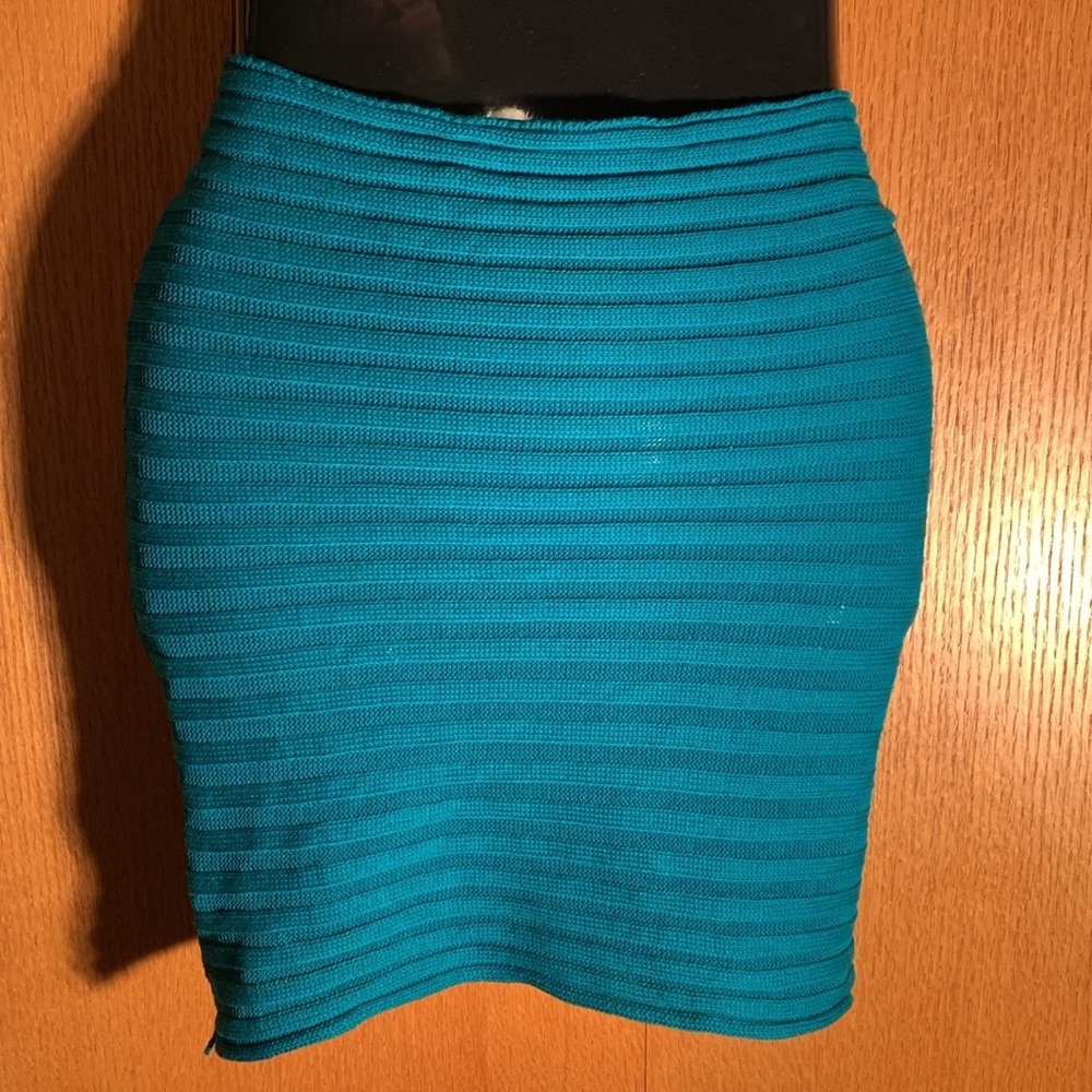 Vintage Semi Sheer M teal tube skirt strapless top ribbed thin sweater knit EUC